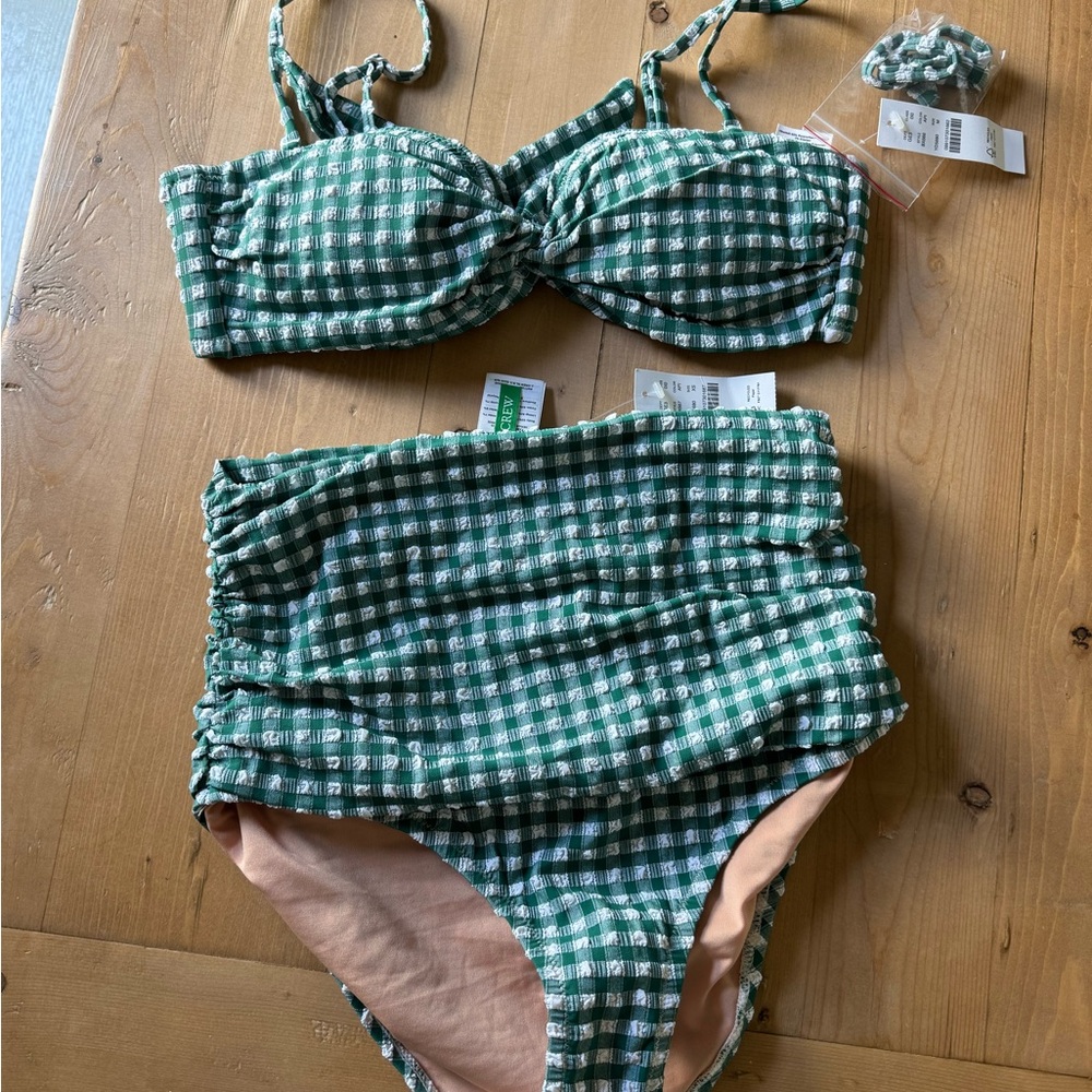 NWT J. Crew Ruched High Rise bikini in Green and White Gingham